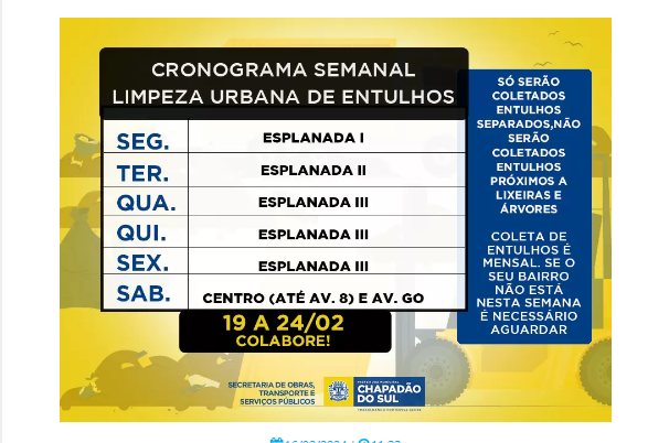 Imagem de compartilhamento para o artigo Descarte seu entulho: veja o Cronograma de Limpeza Urbana semanal de Chapadão do Su da MS Todo dia